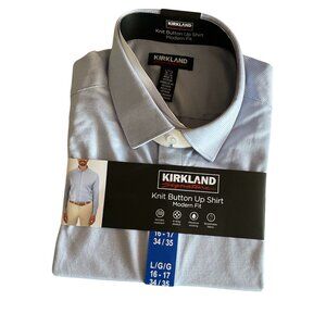 Men's Knit Button Up Shirt, Kirkland Signature, L/G16-1734/35, White & Blue, NWT